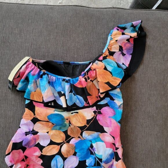 Gottex Woman Color Rush Ruffled One Shoulder black floral One Piece Swimsuit 12 - Picture 14 of 15